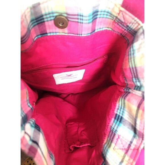 Vintage American Eagle Pink Plaid Canvas Tote Bag With 7 Patch - Picture 7 of 8